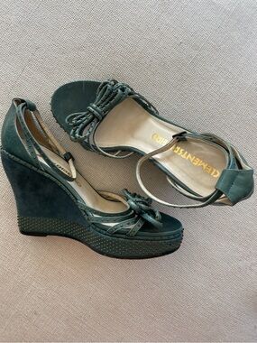 Clements Ribeiro Teal Suede Bow Ankle-Strap Wedges